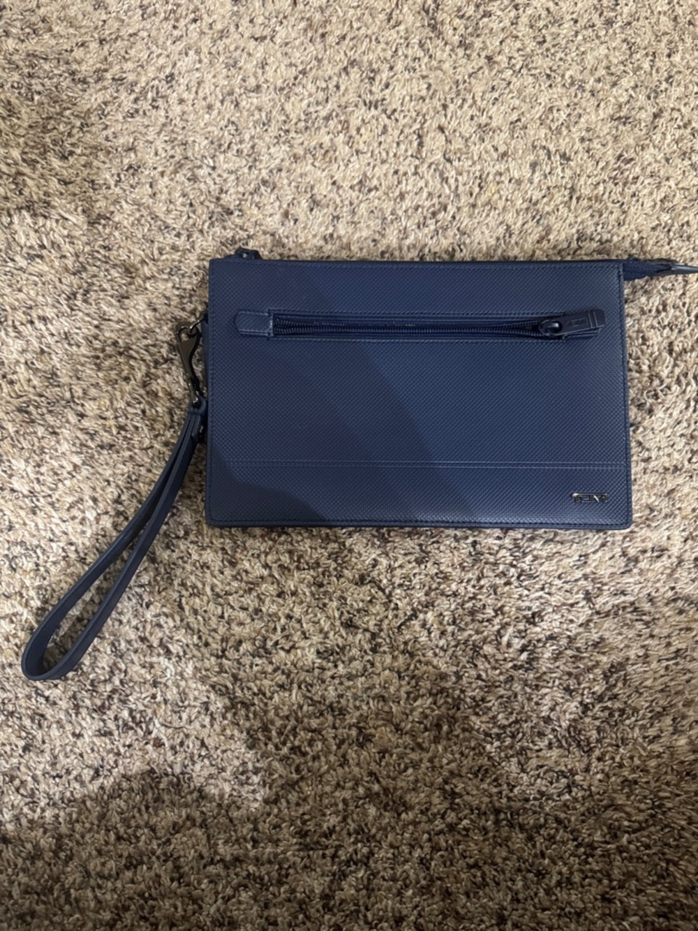 NWT Tumi Navy Leather DBL Zip Envelope Clutch